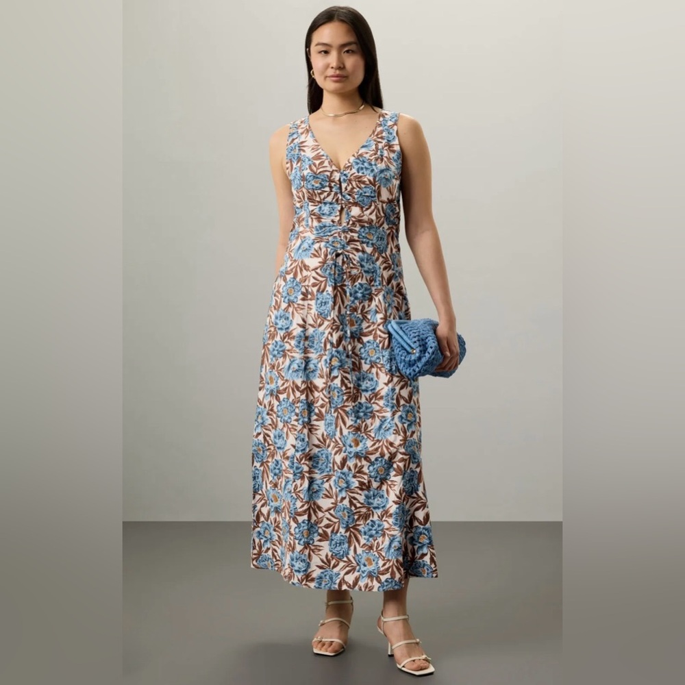 Madewell Blue Brown Floral Tessa Poplin Cut Out Cotton Maxi Dress Size 4